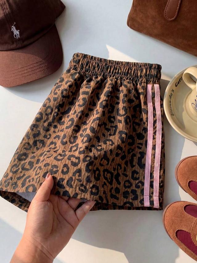 casual leopard print striped elastic waist shorts