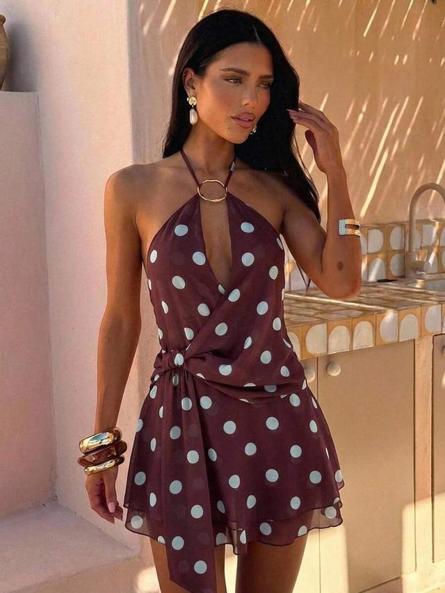 brown and white polka dot halter mini dress