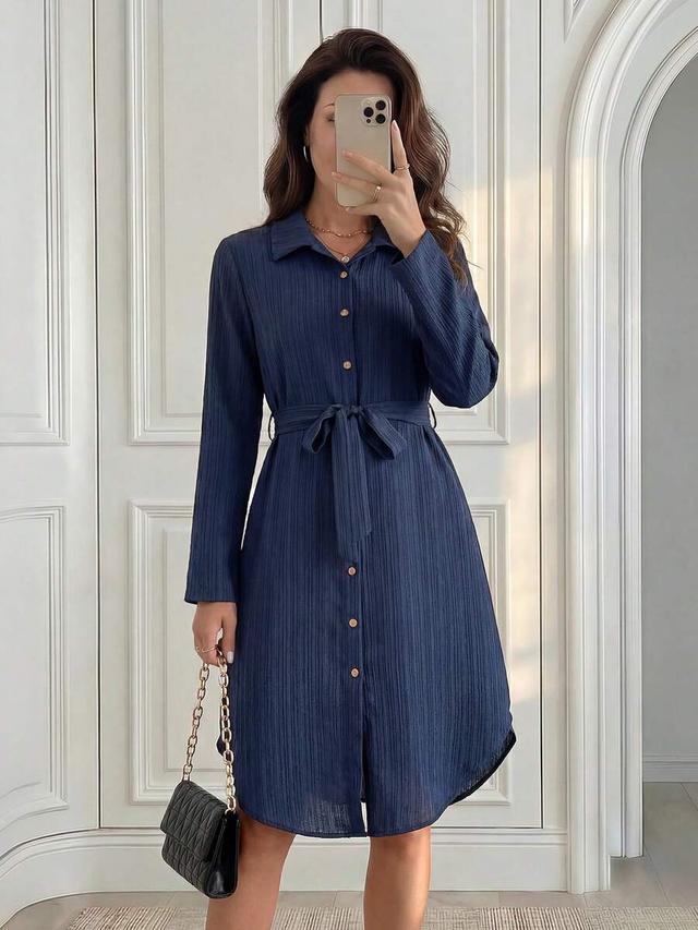 navy blue textured long sleeve shirt dress