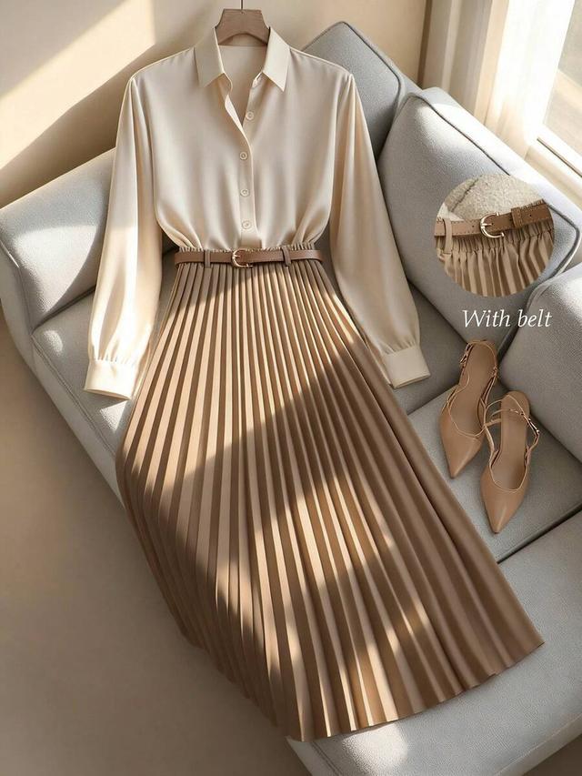 beige pleated a-line maxi skirt with belt