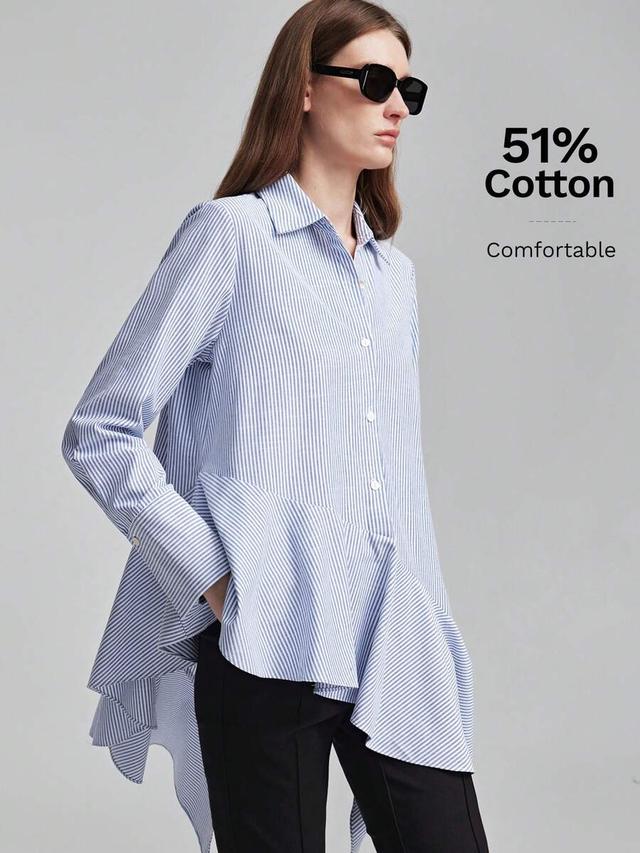 coffee blue striped ruffle split hem blouse
