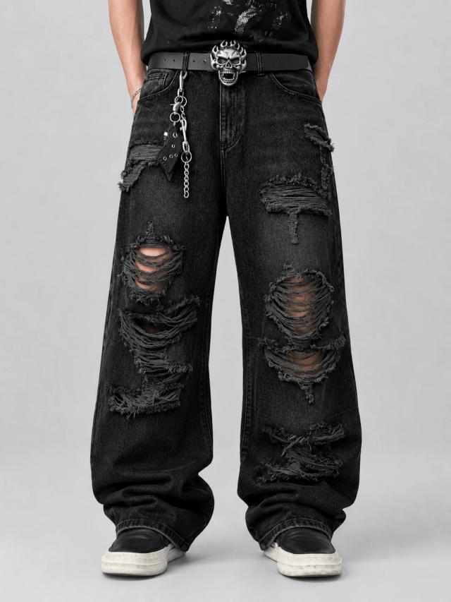 distressed black wide leg vintage denim jeans