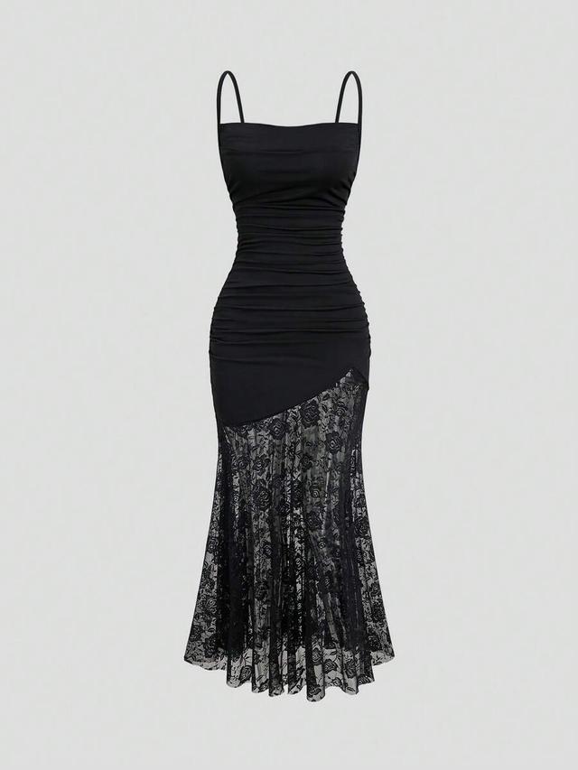 black ruched bodice lace mermaid hem midi dress