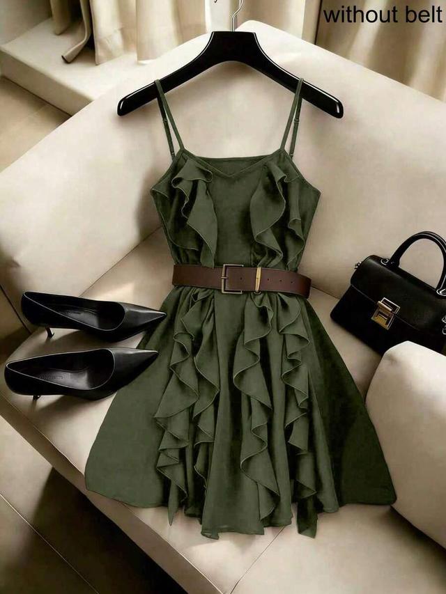 olive green ruffled camisole dress with belt