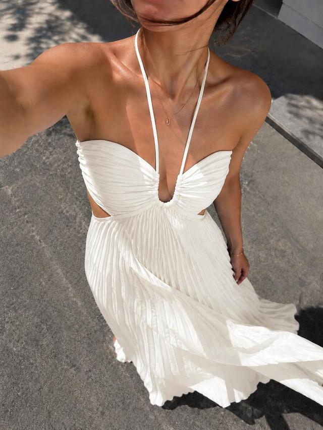 white pleated halter neck cut-out midi dress