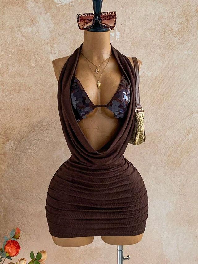 chocolate brown ruched halter neck mini dress