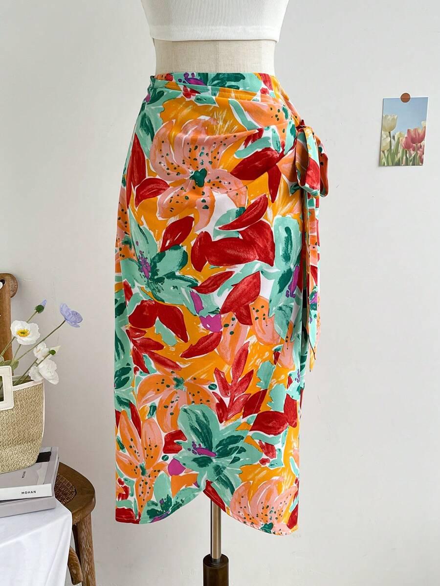 floral printed vacation style tie-waist wrap skirt