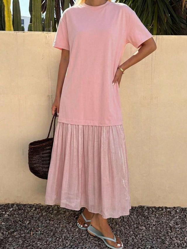 pink round neck short sleeve casual long dress