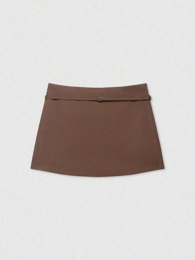 women's solid brown zipper waist belt skorts
