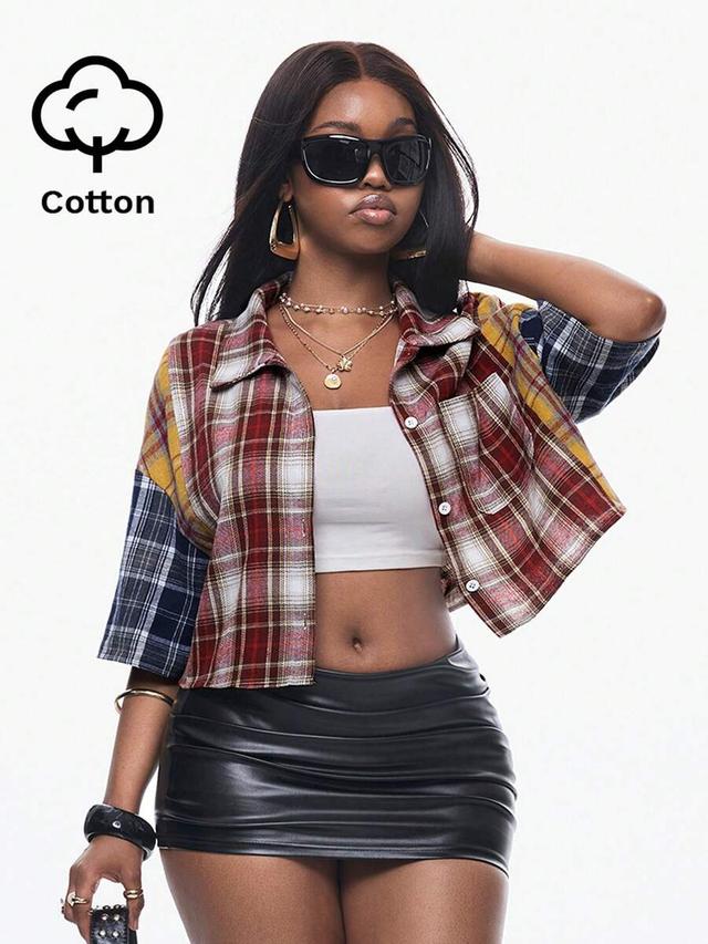 multicolor plaid patchwork cropped button-up shirt