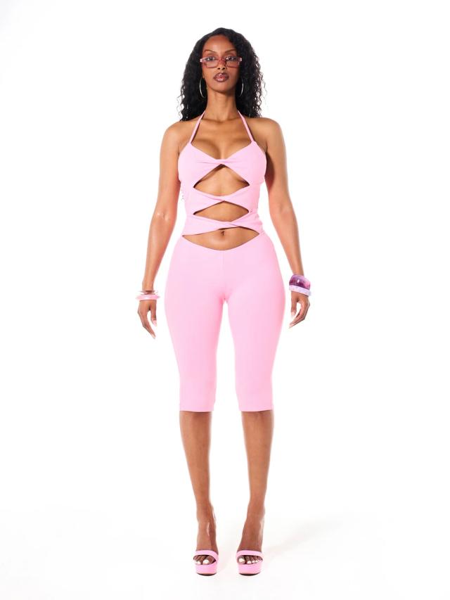 pink slinky cut-out twist halterneck capri unitard