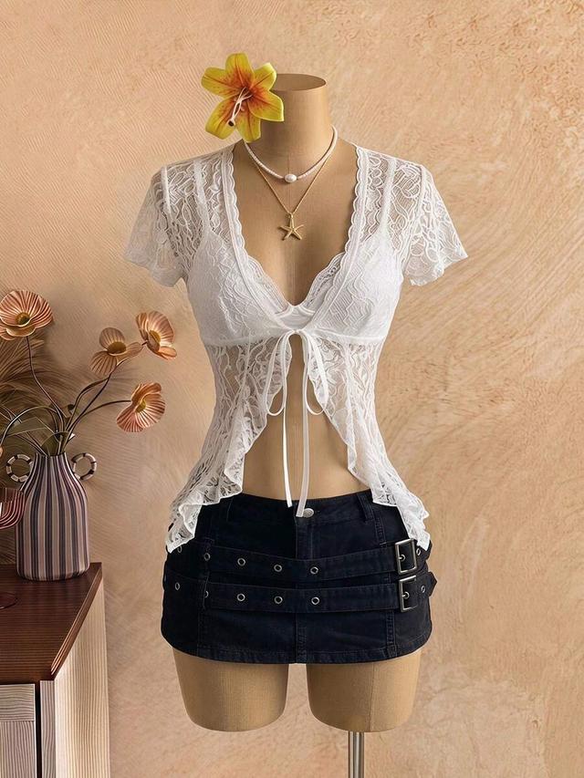 white sheer lace tie-front crop top