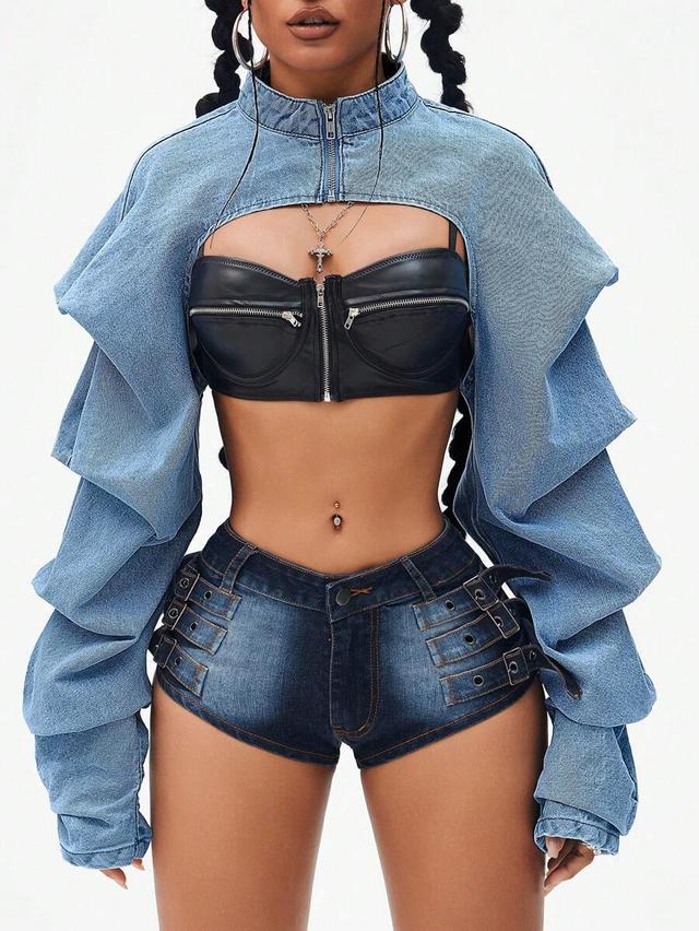 cropped denim bolero jacket with ruched sleeves