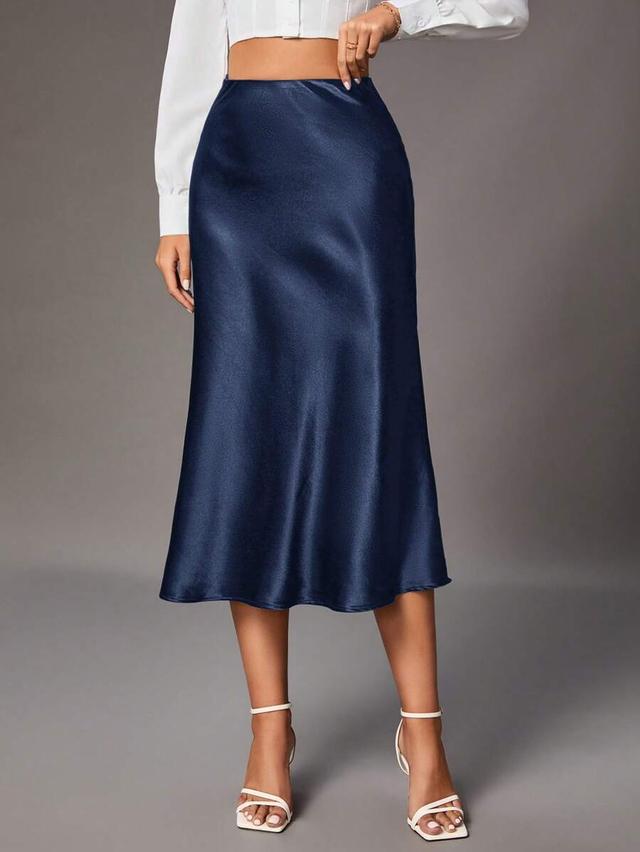 navy blue satin high waist mermaid midi skirt
