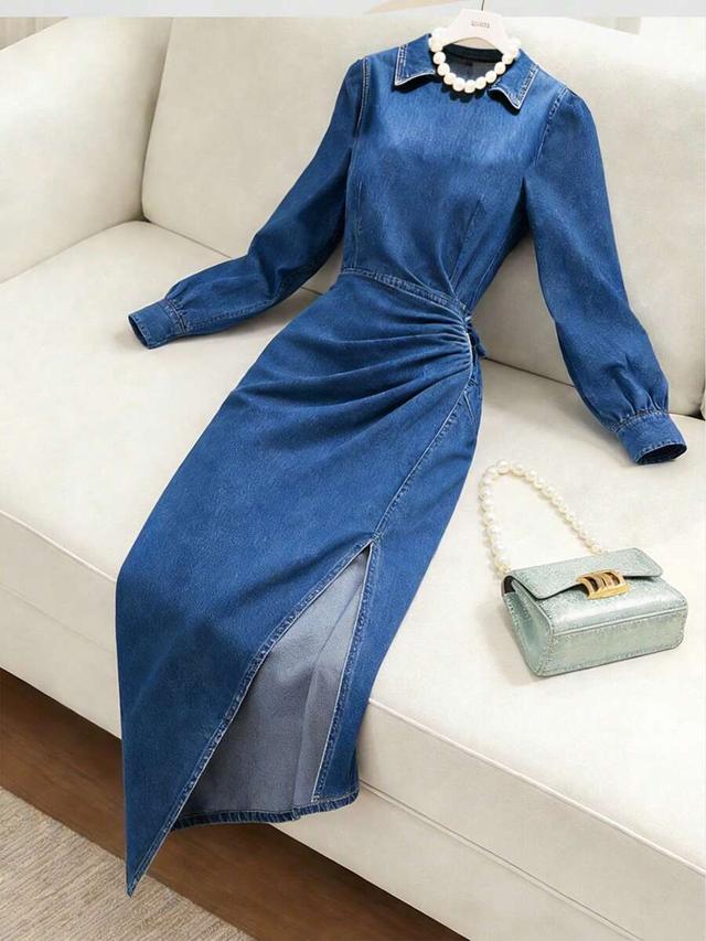 denim collared long sleeve ruched side slit dress
