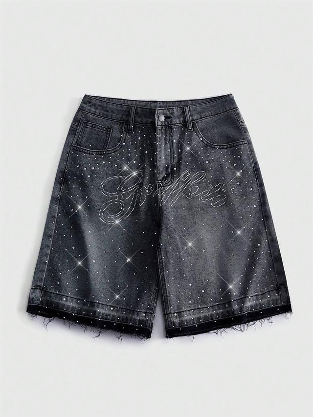 rhinestone embellished black denim shorts with raw hem