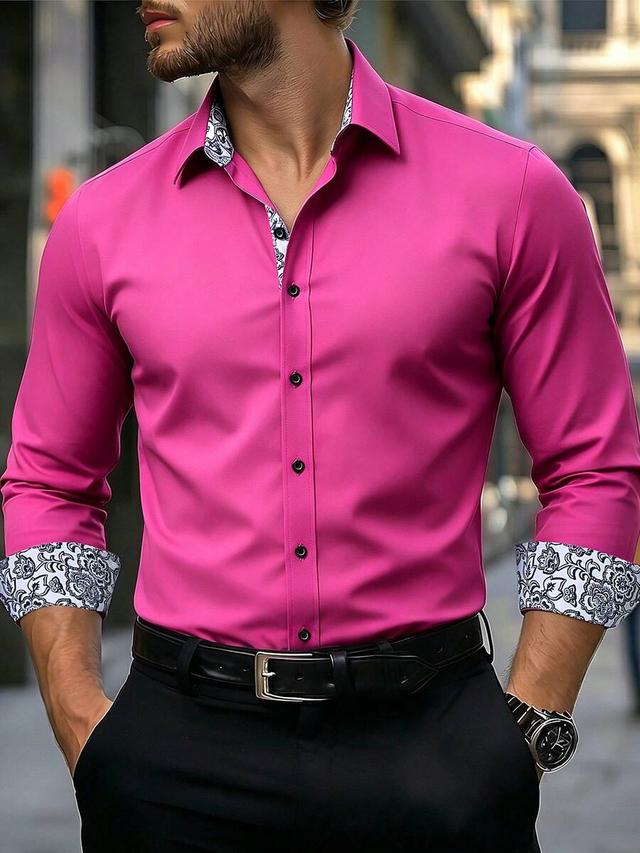 fuchsia pink floral contrast long sleeve formal shirt