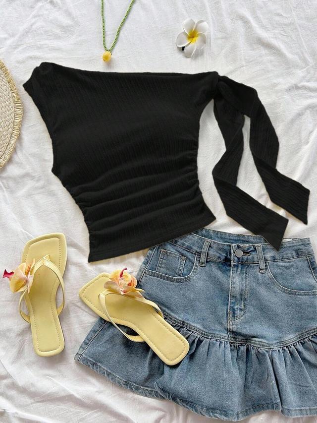 women's asymmetrical shoulder tie strap fitted black top