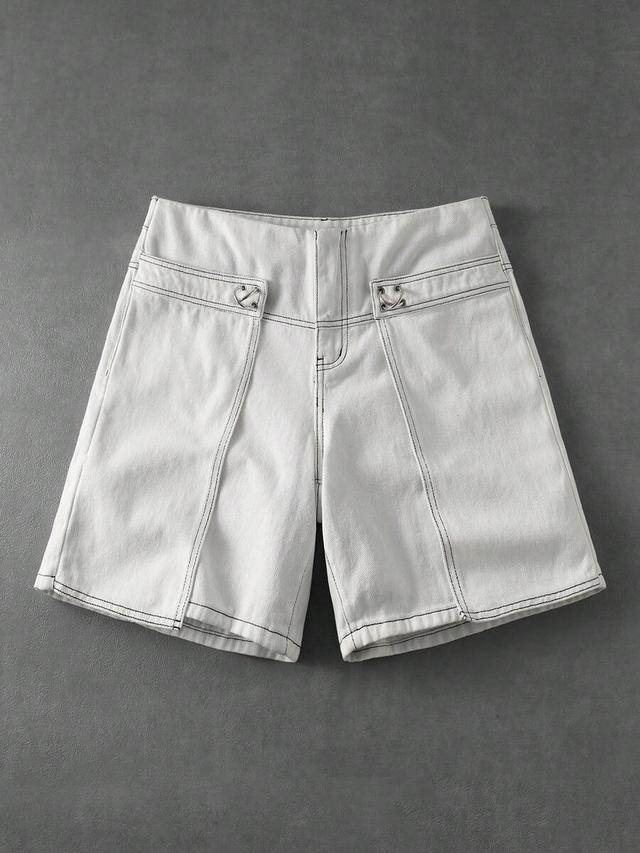 white denim shorts with contrast stitching