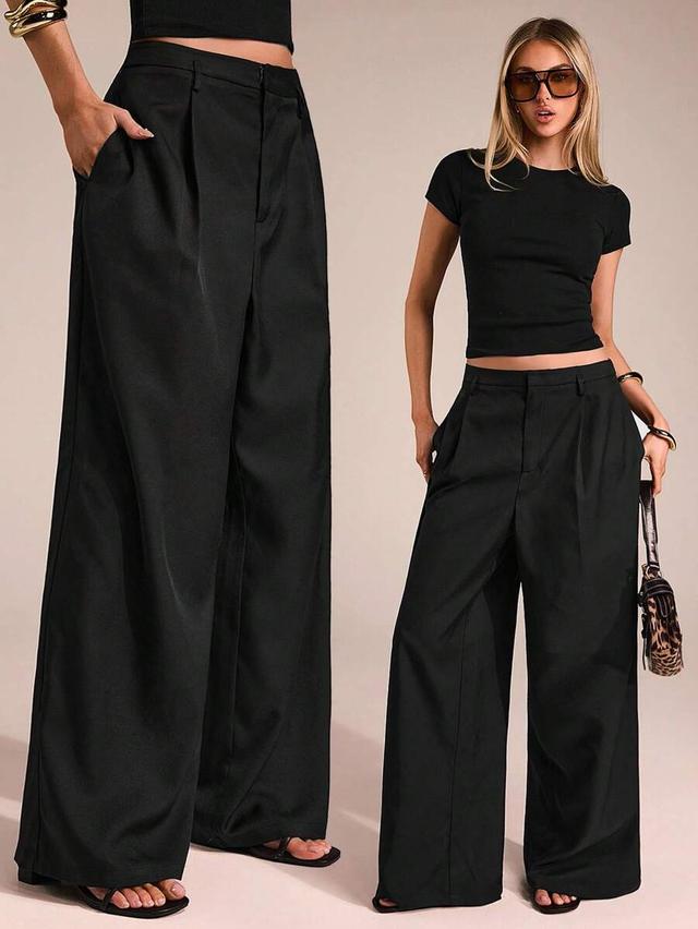 black wide leg pleated office trousers