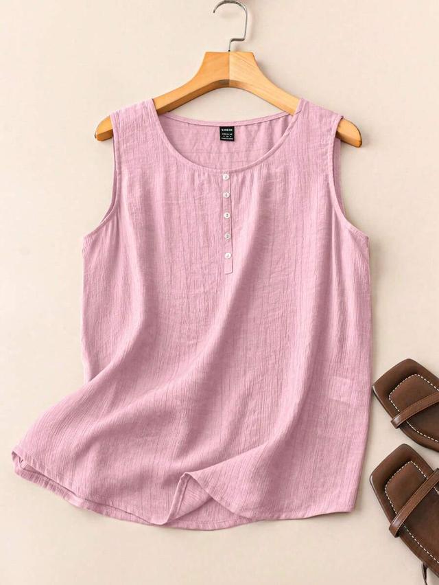 pink casual button decor sleeveless tank top
