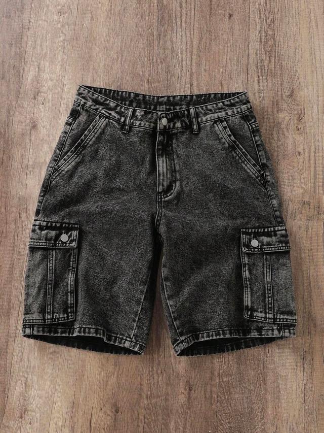 dark grey acid wash denim cargo bermuda shorts