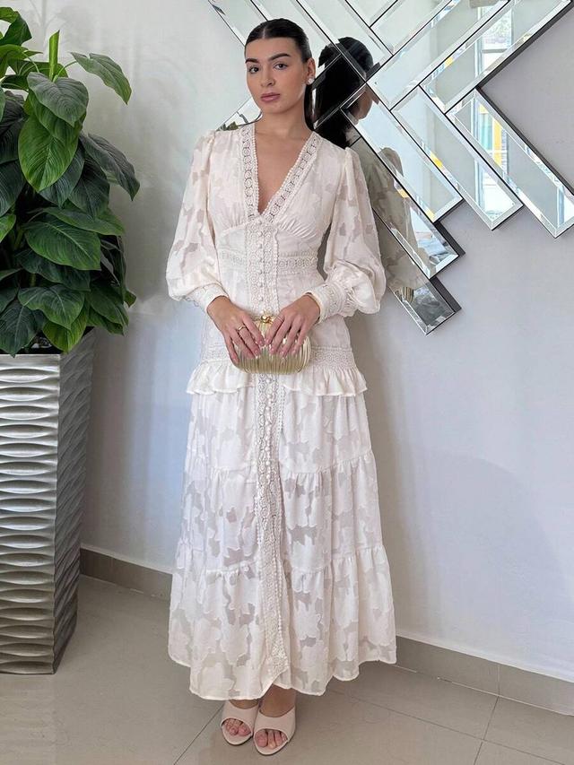andrea bello v-neck puff sleeve cinched waist elegant dress
