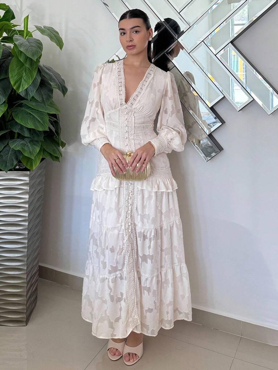 andrea bello v-neck puff sleeve cinched waist elegant dress