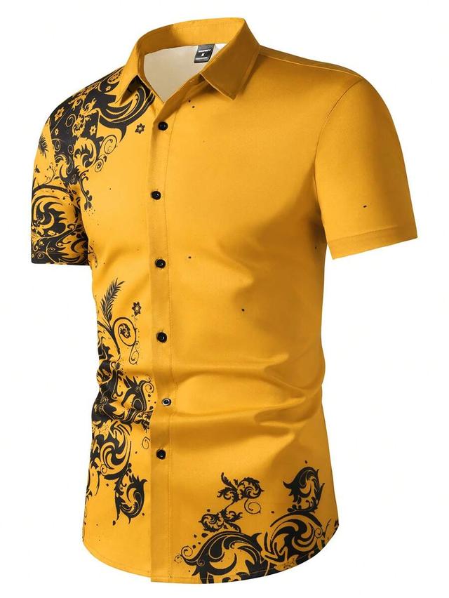 mustard yellow abstract floral print short sleeve shirt