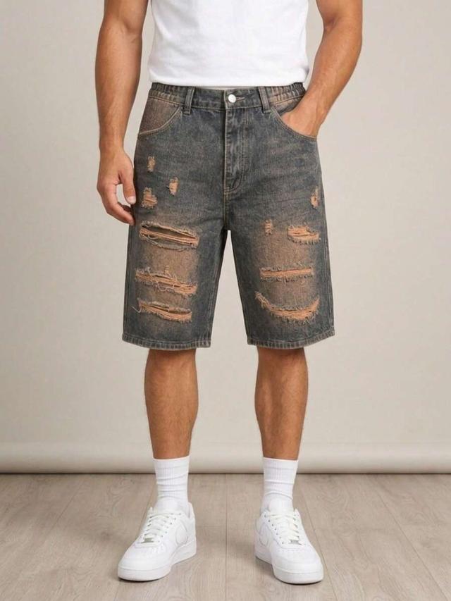men's gray-black washed ripped denim jorts