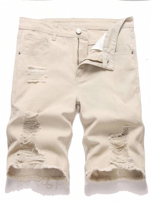 men's beige solid color distressed raw hem denim shorts