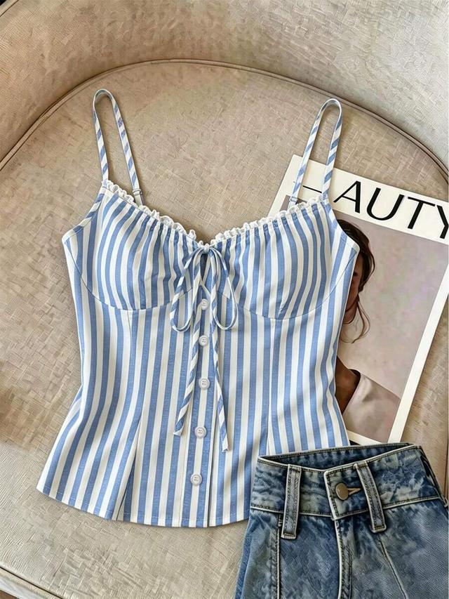 blue white vertical striped peplum camisole with lace trim