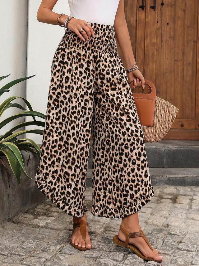 leopard print wide leg ruffle hem pants