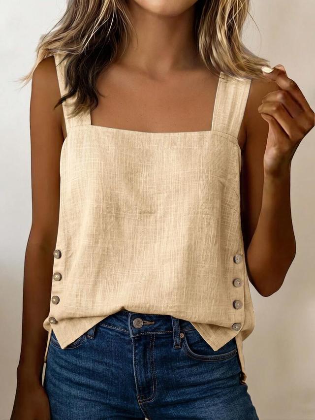 square neck linen blend camisole with side button detail