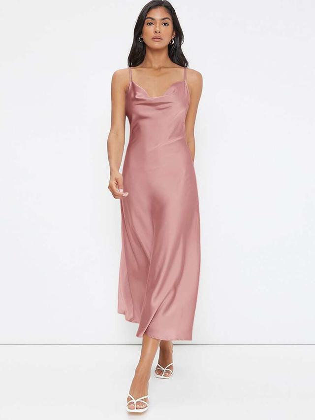 rose elegant dusty rose satin slip dress with draped neckline