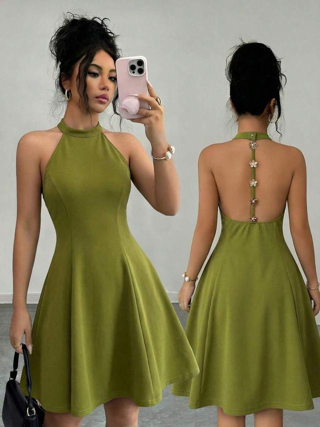 olive green sleeveless halter neck skater dress