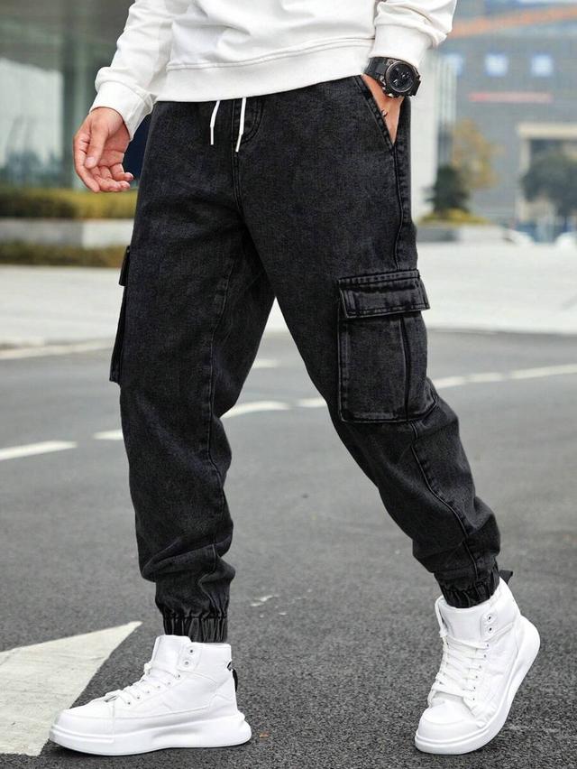 black drawstring waist cargo denim joggers