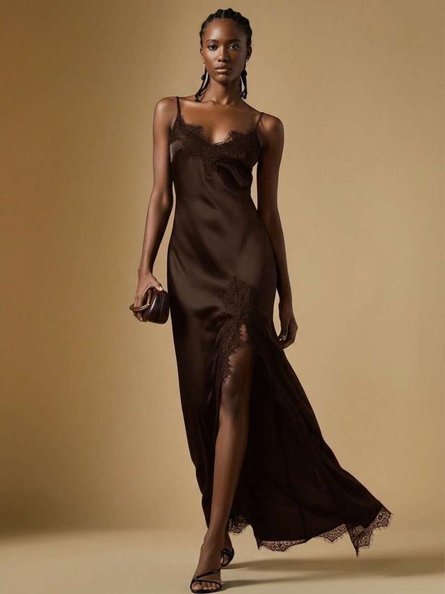 dark brown satin slip dress with lace patchwork