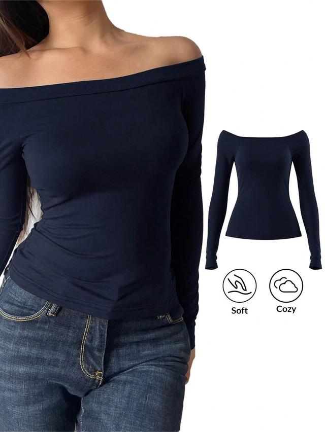 navy blue off-shoulder long sleeve fitted blouse