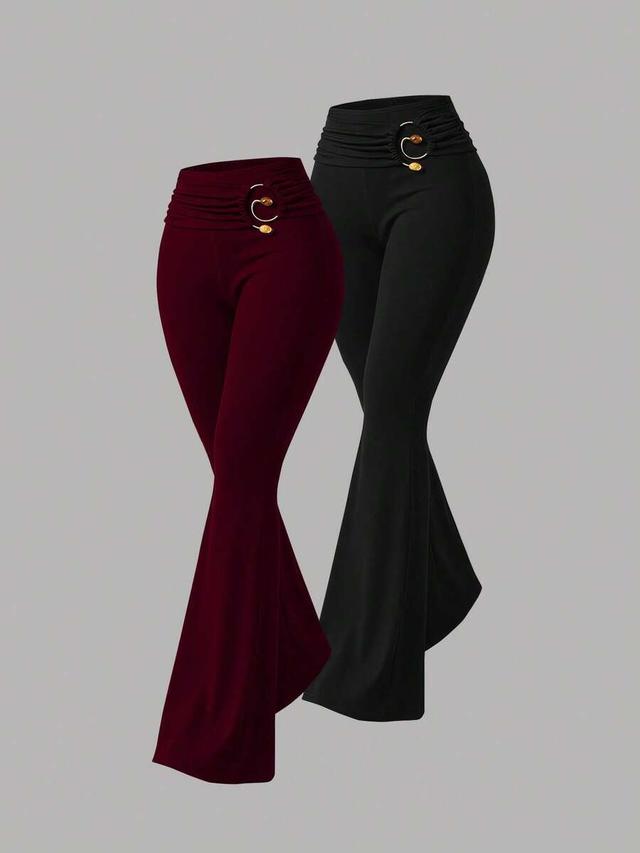 burgundy metal buckle waist flare trousers
