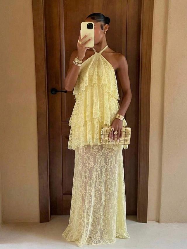 pale yellow lace multi-layer ruffle halter neck dress