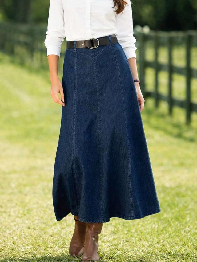 dark wash denim a-line midi skirt