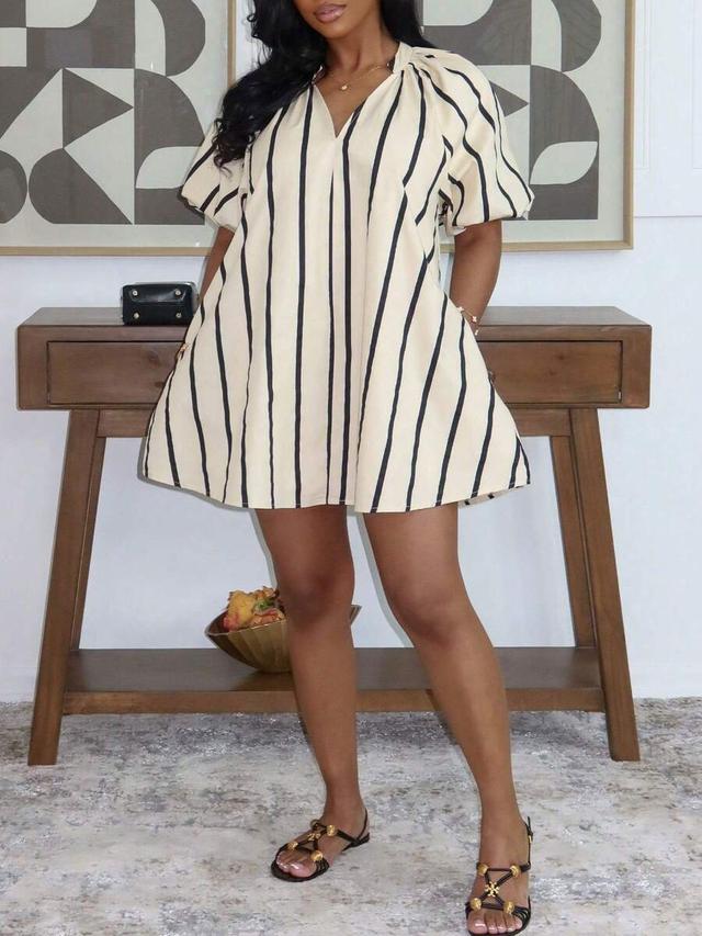 striped v-neck bishop sleeve woven mini dress