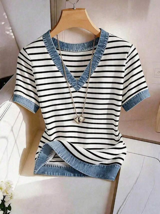 v-neck striped cotton top with denim trim