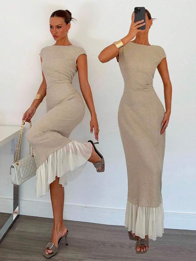 siren gaze blue grey linen chiffon spliced pleated dress