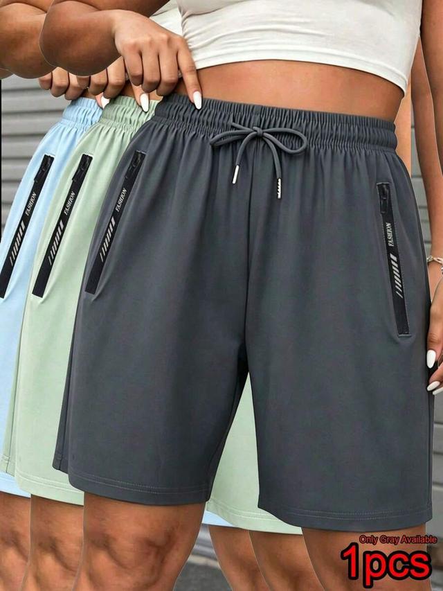 light green women's casual gray drawstring waist shorts with zipper pockets