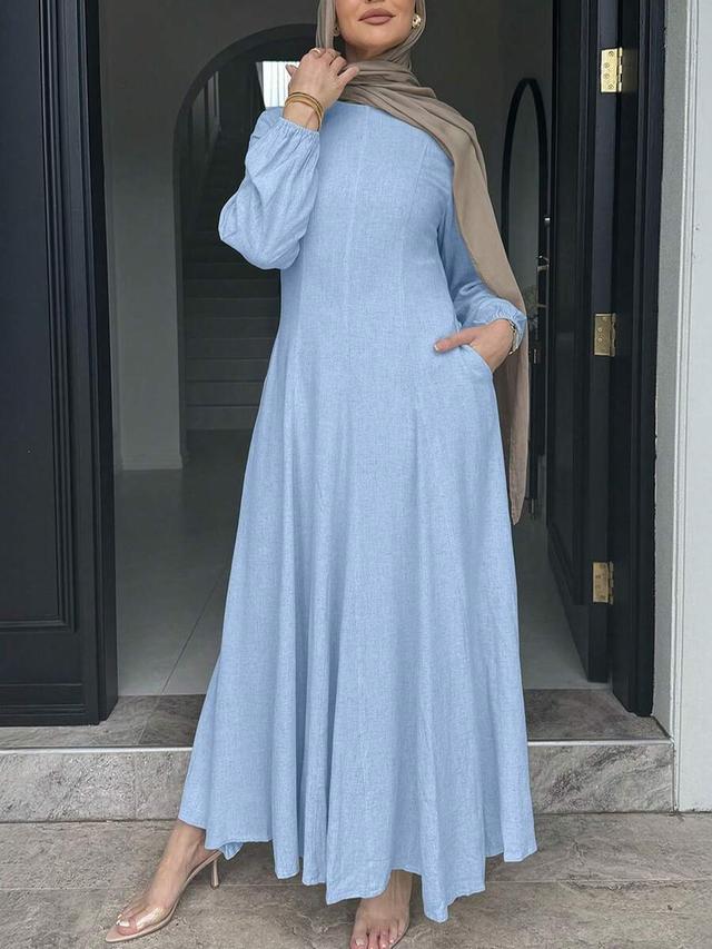 elegant solid light blue waist cinched long dress