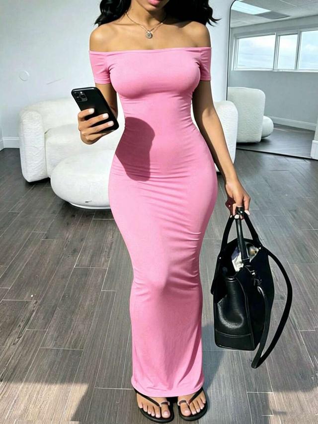 pink off-the-shoulder bodycon maxi dress