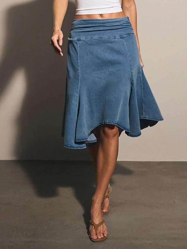 blue denim high-low panelled skirt
