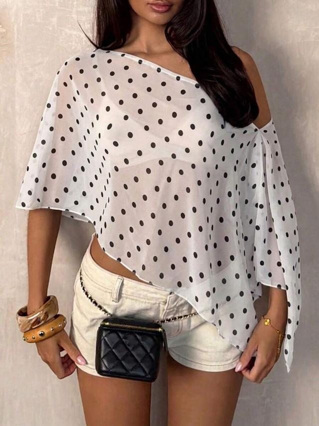 white polka dot asymmetric mesh blouse